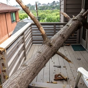 a tree trunk has fallen to a balcony