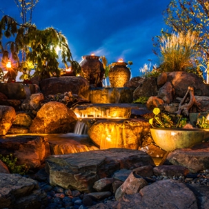 landscape lighting in a garden falls
