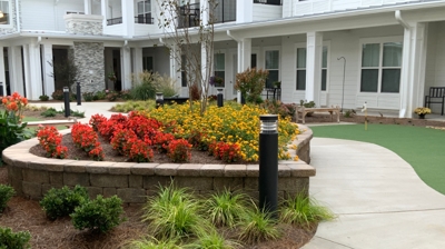 A paved walkway with colorful flowers and shrubs. Photo