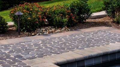 Patio area next to a swimming pool Photo