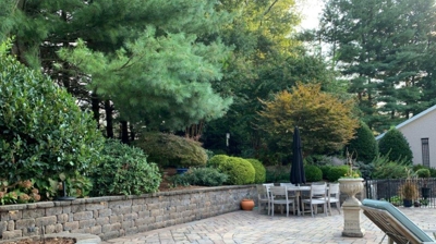 paved patio area with stone walls, furniture, trees, and brown mulch during daylight Photo