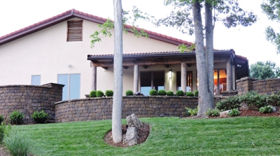View of backyard with grass, curved stone walls, pathway of rocks, 2 trees and plants in brown mulch. Photo