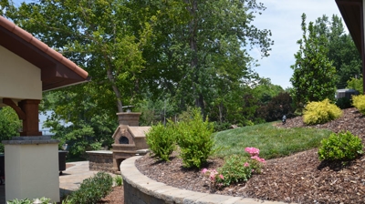 Grass and plants in dyed brown mulch on top of a stone wall Photo