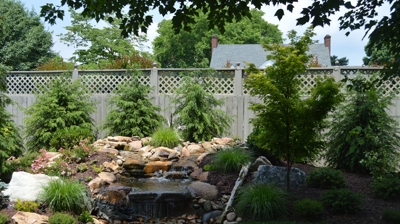 Backyard oasis with a small waterfall. Photo